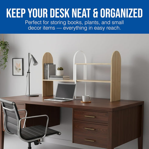 Maplefield Desk Hutch Expandable Shelf Organizer, Natural Finish, Engineered Wood Desktop Storage Rack for Office