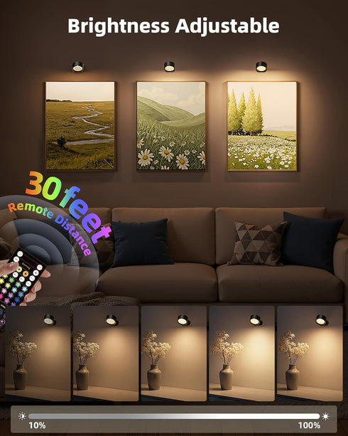 2 Pack 3 360 Dimmable Wall Mounted Lights, Rechargeable RGB Color Changing Light, Color Temps & Remote and Touch