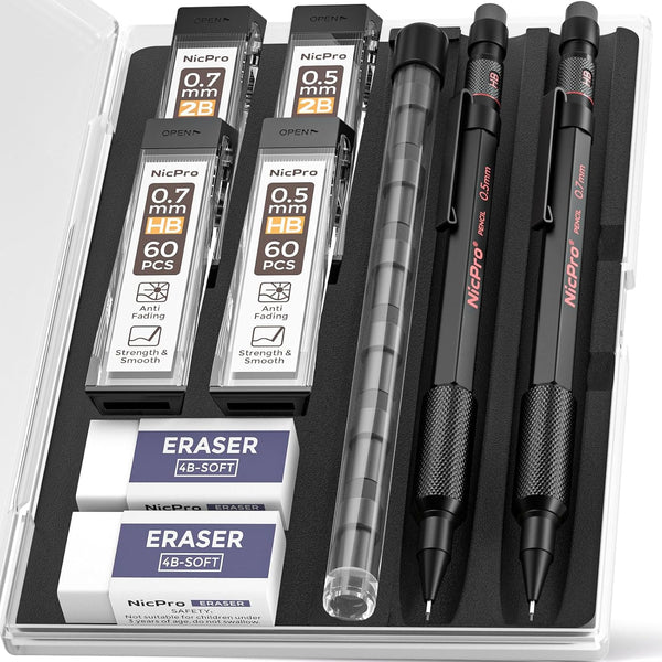 Nicpro 0.5 mm & 0.7 mm Mechanical Pencil Set with Case, MP2000 Metal Artist Pencil with 4 Tube HB 2B Lead Refills
