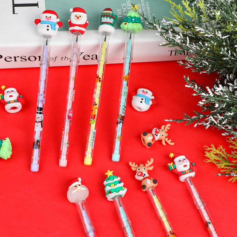 KIMOBER 24PCS Christmas Pencils, Multi Point Stackable Push Pencil with Santa, Christmas Tree, Snowman for Kids