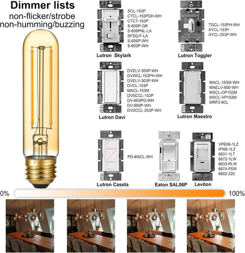 Dimmable E26 Bulb 4W Bulb 40 AC120V Bulb 2200K 250lm T10 Bulb E26 Bulbs 6Pack LiteHistory LED Equal Edison Watt Tubular