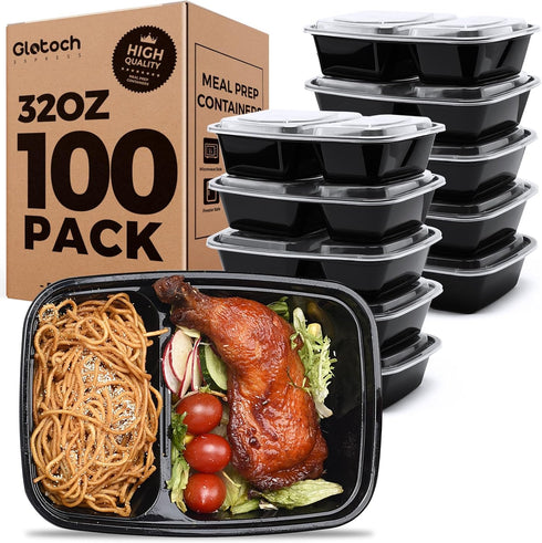 100 Pack (200-Piece)32 oz Meal Prep Containers,2-Compartment Reusable Food Storage Containers with