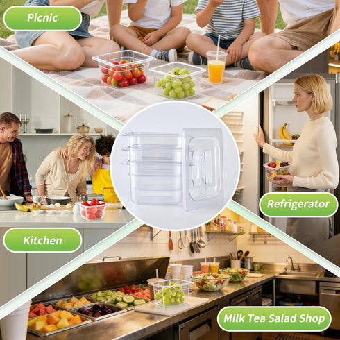1/6 4" Commercial (4 Pack) Size Deep Plastic Food Pans with lids,Clear Polycarbonate Food Storage Containers