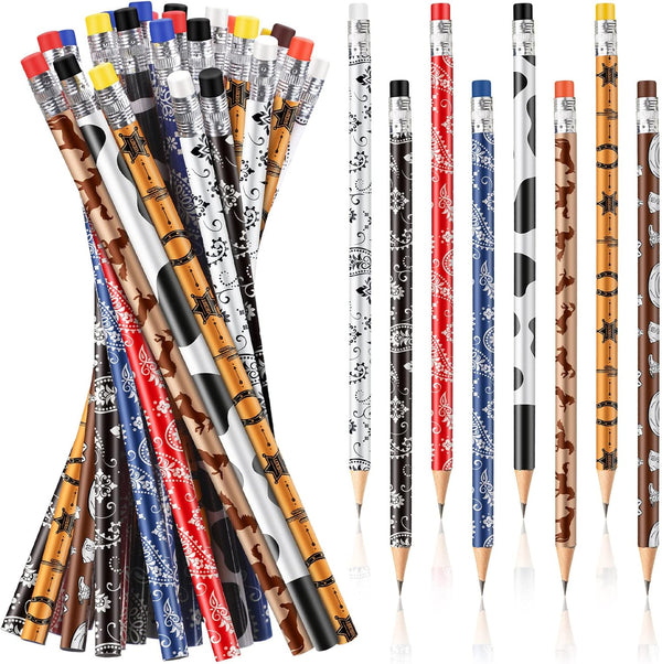 Teling 32 Pcs Western Cowboy Cowgirl Pencils for Kids, Fun Cowboy Theme Decorative Pencils