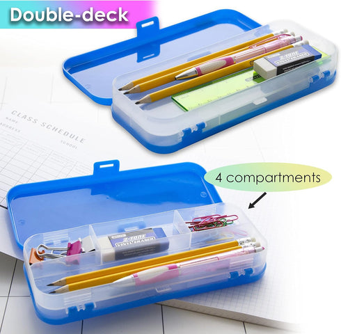 BAZIC 8" Plastic Pencil Case | Double Deck Utility Storage Box, Bright Color, Multi-Purpose Organizer, 4-Pack