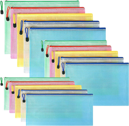 Toplive Plastic Mesh Zipper Pouch, 15 Packs (A4/A5/A6 Size, 5 Colors), Waterproof Document Bag for School Office