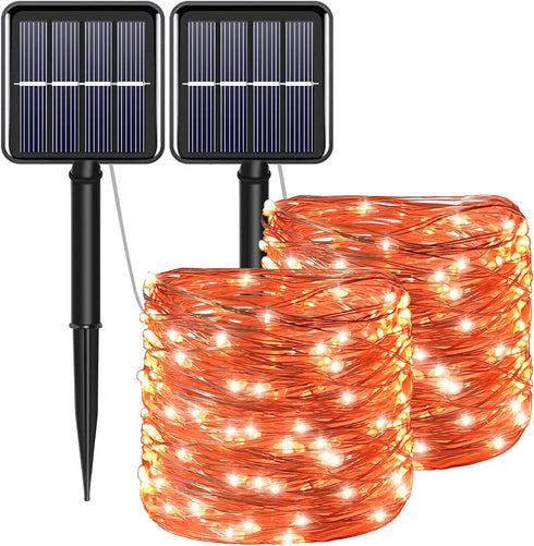 YAOZHOU Fall Outdoor Decor, 2 Pack Solar Orange Copper String Lights, 200 LED Waterproof for Porch and Garden