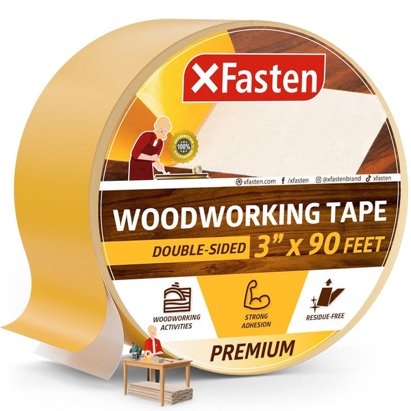 XFasten Double Sided Woodworking Tape, 3-Inch by 30 Yards Yellow CNC Machine Tape for Woodworking