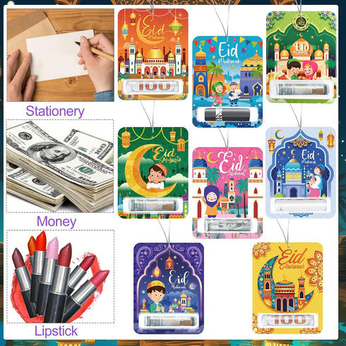 8 Sets HOWAF Eid Mubarak Money Holder Cards for Cash Gift, Muslim Ramadan Greeting Card with Plastic Cover and Adhesive