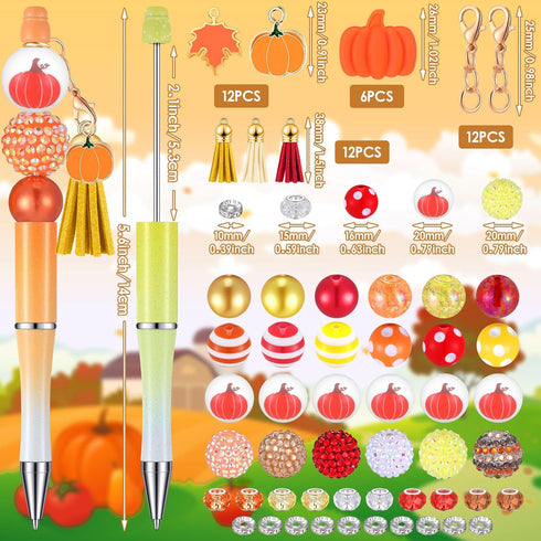 Jutom 12 Pcs Fall Beadable Pens with 50 Pcs Colorful Pumpkin Beads, 12 Tassels, 12 Pendants for Thanksgiving DIY Gift
