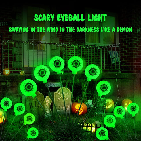 2 Pack Halloween Solar Lights Outdoor Waterproof Solar Scary Eyeball Lights, Green Eyeball Swaying Firefly Lights