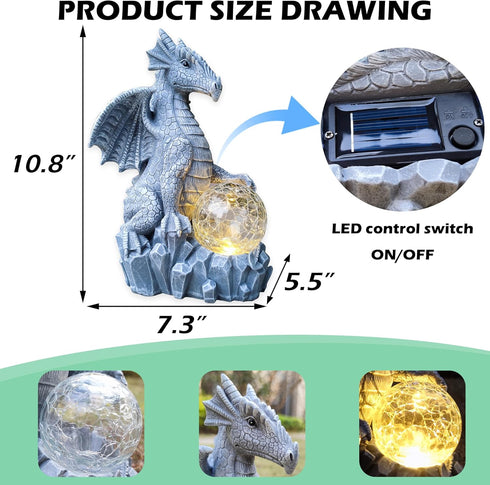 RCTTICUU Solar Dragon Garden Statues Outdoor Decor, Resin Dragon Figurine with Solar Crackle Globe LED Lights Lawn