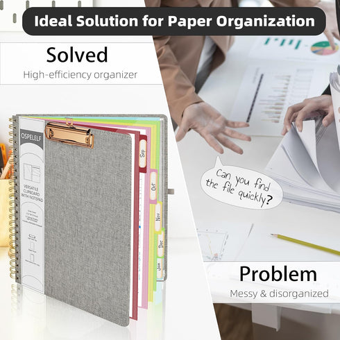 Ospelelf Foldable Spiral Clipboard Folio with Storage Zipper Pouch, 5 Plastic Folders, 10 Pockets, Project Organizer