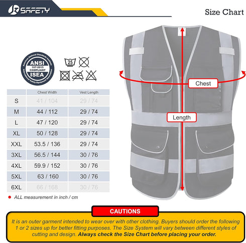 JKSafety 9 Pockets High Visibility Safety Vest for Men and Women, Hi-Vis Reflective Black Safety Vests