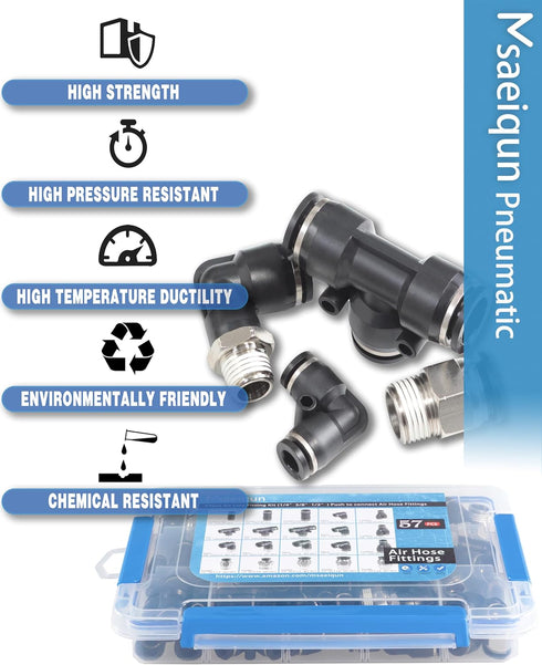 57 Pcs Push to Connect Fittings Kit, 1/4 3/8 1/2 Inch OD Air Line Pneumatic Fittings with NPT Thread, Quick Release