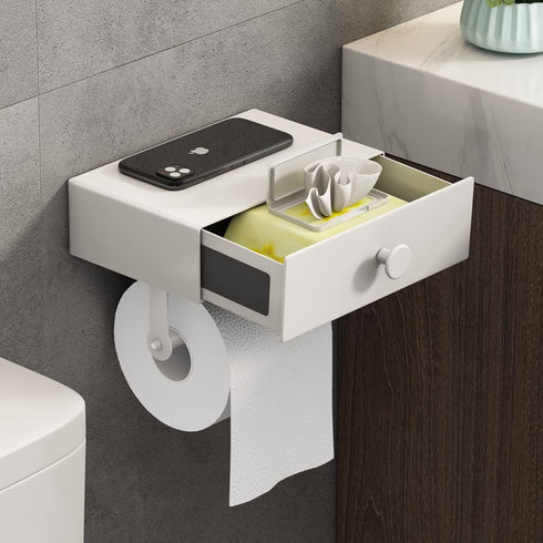 VOLDRA Toilet Paper Holder with Shelf White Wipes Dispenser for Bathroom Toilet