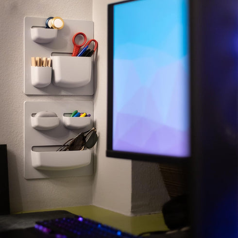 Modern Grey Wall Desk Organizer, 2 Parts with 6 Pockets and Adhesive Holder Shelves for Home or Office Storage