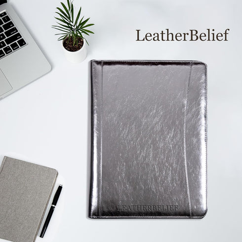 Glossy Silver Eco-Friendly Leather A4 Portfolio, Zipper, 5 Card Slots, 1 iPad and 1 Cell Phone Pockets, 3 Ring Binder