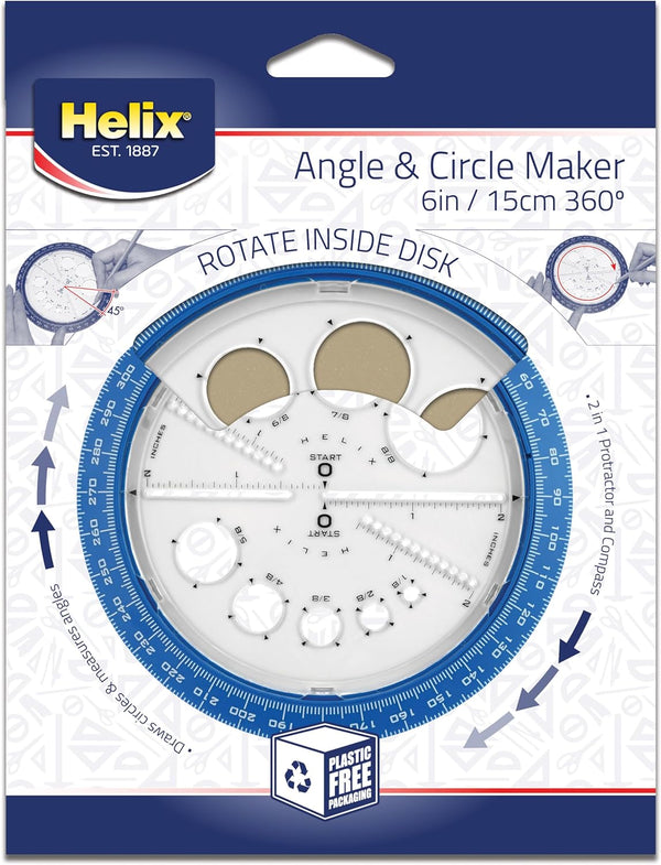 Helix Angle and Circle Maker with Integrated Circle Templates, 360 Degree, 6 Inch / 15cm, Assorted Colors