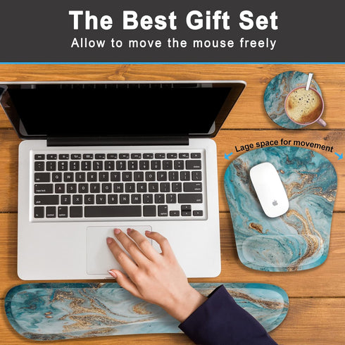 Keyboard Wrist Rest Ergonomic Mouse Pad Set, Memory Foam with Non-Slip Rubber Base for Home Office, Light Blue Marble