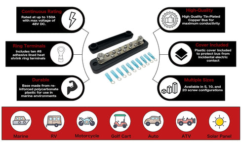 10 Terminal Bus Bar Kit for Power and Ground Distribution, Heat Shrink Ring Terminals and Cover Included