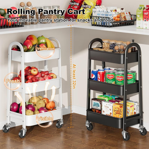 Rcemlip 3 Tier Black Rolling Cart Metal with Wheels, Basket, Cups & Hooks, Three Tier Utility Carts on Wheels, Can