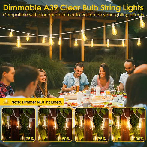 100FT 32 Dimmable A39 Bulbs(2 Larkvue Outdoor String Lights, LED Patio Lights with Waterproof Shatterproof Hanging
