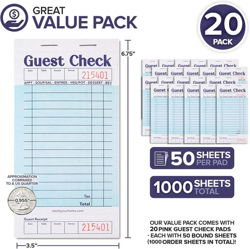 (20 Pack) 1000 Stock Your Home Blue Guest Check Books for Servers Server Note Pads, Waiter Checkbook, Food Receipt