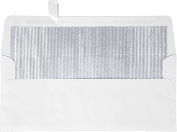 LUXPaper Business Envelopes #10 Foil Lined | Peel & Press | 4 1/8" x 9 1/2" | White w/Silver LUX Lining | 60lb. Text |