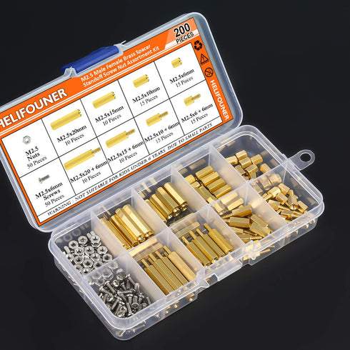 M2.5 Male Female Hex Brass Spacer Standoff Screw Nut Assortment Kit, 200 Pieces