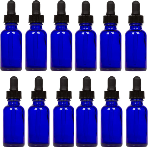 Cobalt Glass Bottles with Eye Droppers, 1 oz, 12 Pack for Essential Oils, Colognes & Perfumes