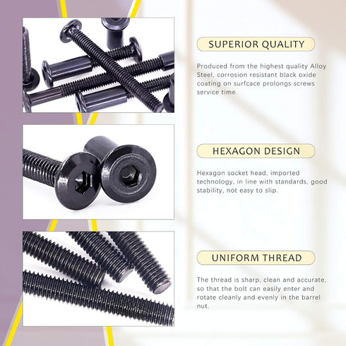 Swpeet 120Pcs Carbon Steel Black Hex Drive Socket Cap Bolts Kit with 1Pcs Hex Key for Furniture Binding