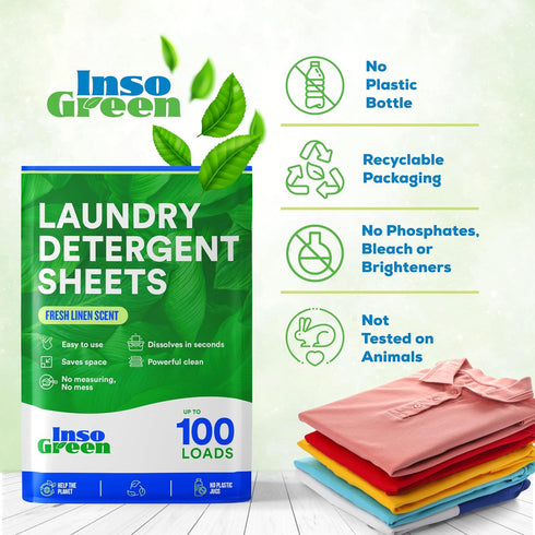 100 50 Eco Washer Sheets Detergent - Loads, Zero Plastic Jugs, No Mess & Space-Saving Laundry Strips - Travel Laundry
