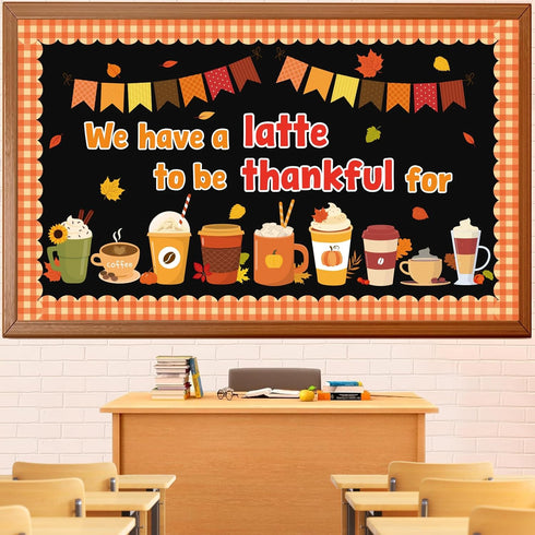 Thanksgiving Latte Bulletin Board Set Fall Coffee Cup Classroom Decoration with Maple Leaves Cutouts