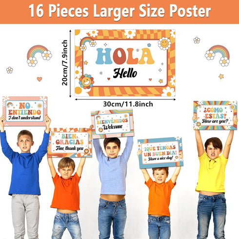 gisgfim 16 Pcs Spanish Words and Phrases Poster Set, Bulletin Board Decor for Spanish Classroom