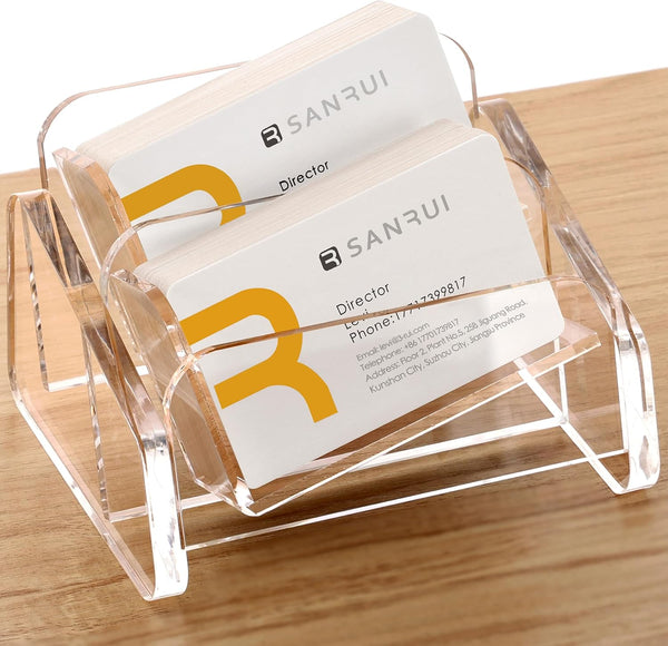 SANRUI Acrylic Business Card Holder, Clear Desktop Display Stand, 2-Slot Organizer for 120 Cards, Horizontal