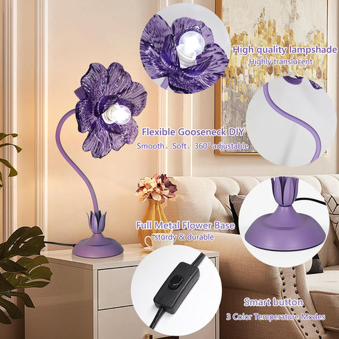 NewAoNaSen Lighting 3 E26 Bulb, Begonia Flower Table Lamp for Bedroom, Colors Flower Reading Light with Cute Desk Lamp