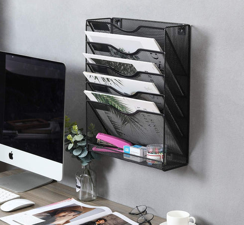 EasyPAG 5 Tier Wall File Organizer, Mesh Hanging File Holder with Bottom Flat Tray, Black