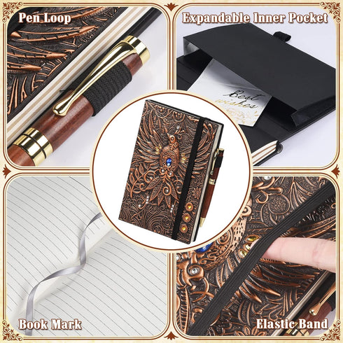 Leather Writing Journal Vintage Notebook, Embossed Phoenix Daily Notepad Diary with Lined Page, 200 pages, 8.3 x 5.8in