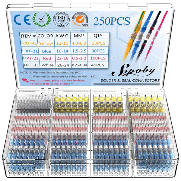 Sopoby 250PCS Solder Seal Wire Connectors, Insulated Waterproof Electrical Wire Terminals Kit for Automotive Marine