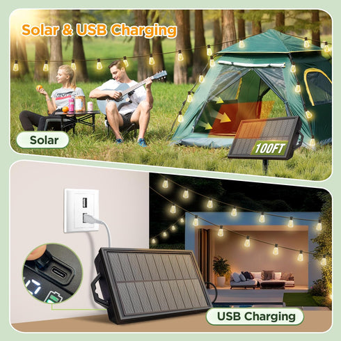100FT ST38 Bulbs, Solar String Lights Outdoor Waterproof with Remote & Timer, LED Shatterproof USB & Solar Powered