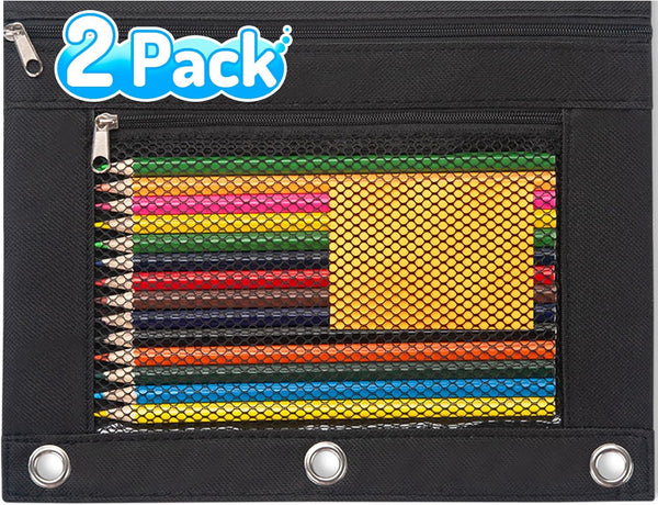 Sooez 2 Pack Pencil Pouch for 3 Ring Binder, Fabric Binder Bags with Zipper and Reinforced Grommets for School Supplies