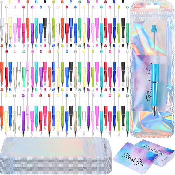Quelay 180 Pcs Plastic Beadable Pen Thank You Gift Sets with Assorted Beadable Pens, Novelty Packaging Bags, Thank You