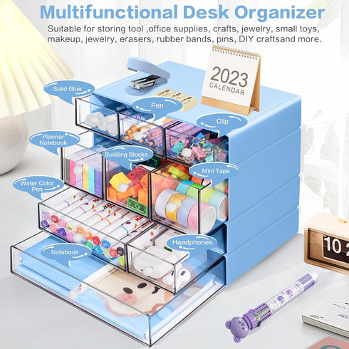 9 4 Desk Storage Organizer with Drawers, Tiers Stackable Desktop Craft Storage Drawers, Clear Storage Box Caddy