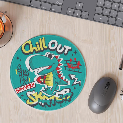 Round Mousepad, New York Cool Dinosaur Boy Cartoon Holding Skateboard Mouse Pads, Non-Slip Rubber Base, 7.87 inches