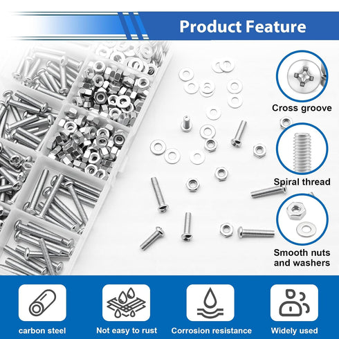 smseace 516Pcs 21-Sizes M3/M4/M5/M6 Nuts and Bolts Assortment Kit Nut Bolt Washer Assortment Kit for Machinery
