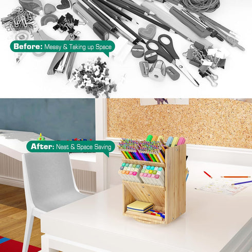 Bamboo Desk Organizer Storage Accessories, Ultra-large 13 Compartments, Easy DIY Assembly, Rotating Desktop Organizer