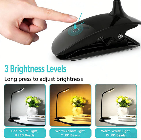 Generic 15 LEDs Stepless Adjustable Brightness & Color (Warm/Cool White), Eye-Care, Touch-Sensitive Switch Clip Reading