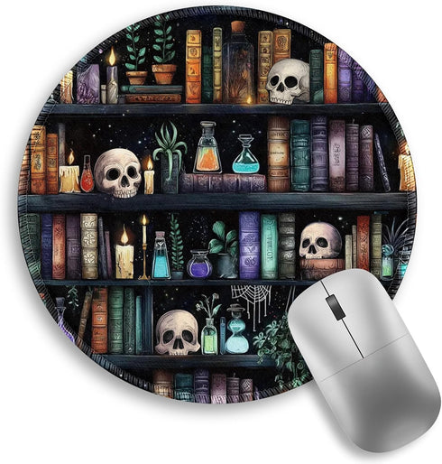 lebrocoli Bookshelf and Skull Mouse Pad, Skeleton Goth Gothic Small Round Mousepads for
