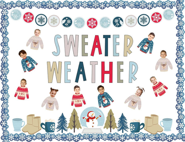 Whaline 85 Pcs Winter Bulletin Board Decoration Kit, Xmas Tree, Snowmen, Snowflake Cutouts for Home School Office Decor